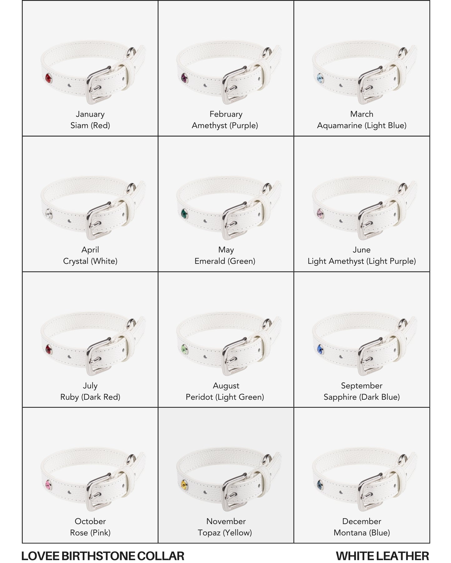 Handcrafted Leather Birthstone Collar | White + 12 Gem Options