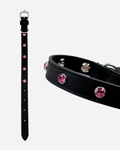 Paw Power Crystal Leather Collar | Black + Pink